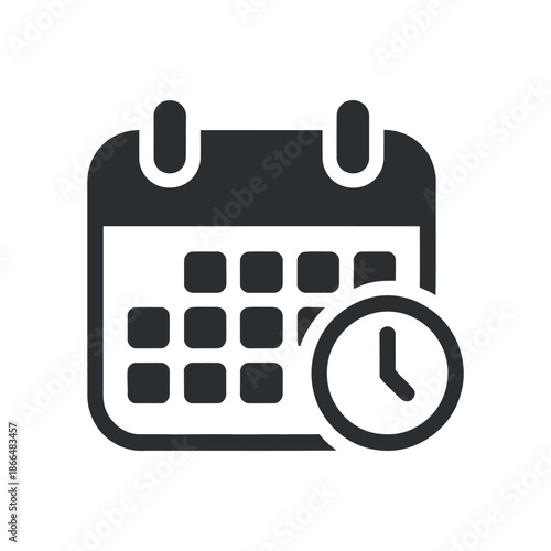A minimalist black and white icon depicts a calendar with a clock overlay symbolizing scheduling time management and appointment planning