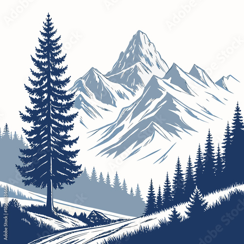 Snowy mountain landscape with pine trees