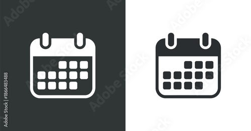 A simple illustration depicts a black and white calendar icon showcasing a minimalist design on a divided background high quality