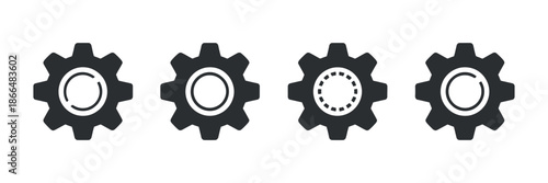 A collection of four distinct black gear icons presented in a linear arrangement showcasing variations in internal detailing high quality