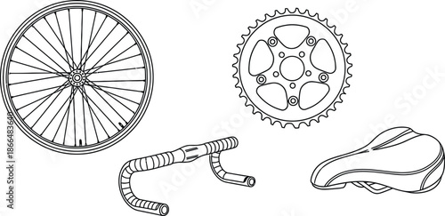 Set of 4 Bicycle Parts outline bicycle wheel chain ring handlebars and saddle seat