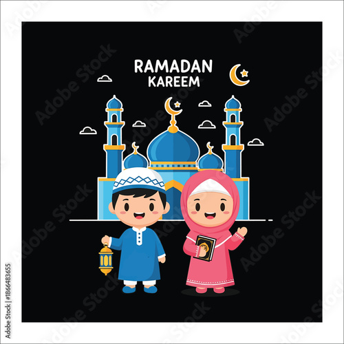 Two children wearing traditional clothing and head coverings stand in front of a mosque