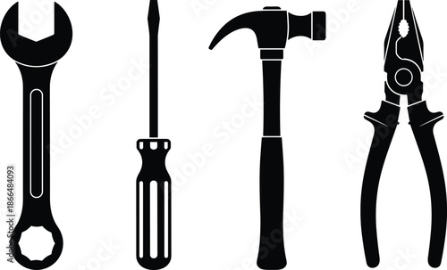 Hand tools silhouette set including wrench, screwdriver, hammer, and pliers, black flat vector icons for construction, repair, maintenance, and workshop concept