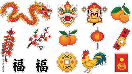 Assorted Chinese New Year symbols with dragon, lion mask, lanterns, oranges, red envelopes and festive charms.