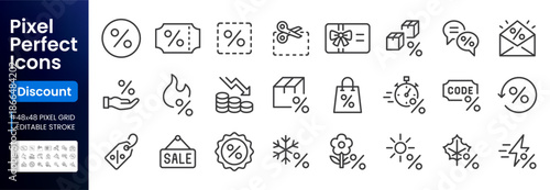 Discount and sale line icon set. Coupon, promo code, gift card, shopping bag, flash deal minimal vector illustrations. Simple outline signs for retail offers. 48x48 Pixel Perfect. Editable Stroke