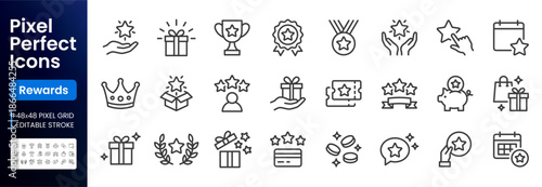 Loyalty and reward line icon set. Gift, VIP badge, trophy, loyalty card, redeem point minimal vector illustrations. Simple outline signs for bonus programs. 48x48 Pixel Perfect. Editable Stroke