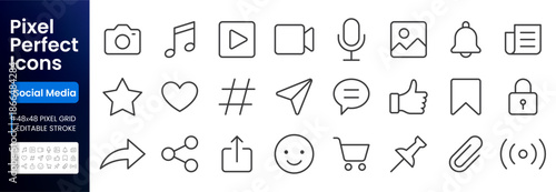 Social media line icon set. Camera, chat bubble, heart, notification bell, shopping cart vector illustrations. Simple outline signs for internet sns communication. 48x48 Pixel Perfect. Editable Stroke