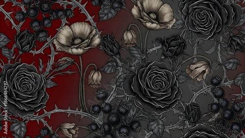 Dark Gothic Floral Seamless Pattern with Black Roses Thorns and Poppies