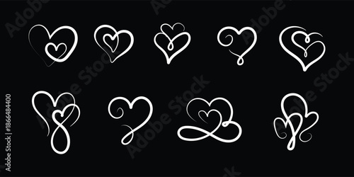 white hand drawn heart line art set on black background, heart outline doodle collection on dark background, minimal love heart sketch icons isolated on black
