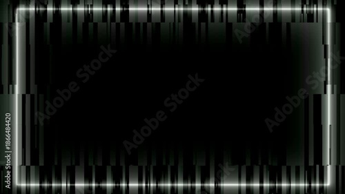 Abstract white neon glowing rectangular frame with digital glitch texture on black background