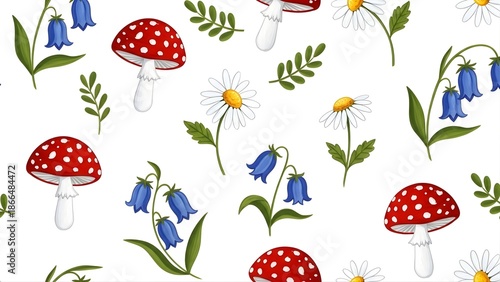 Whimsical Woodland Seamless Pattern with Red Amanita Mushrooms and Wildflowers
