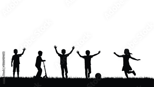 Black Vector Silhouettes of Diverse Families Parents and Children Walking Playing Holding Hands and Sitting Isolated on a White Background (20 words)