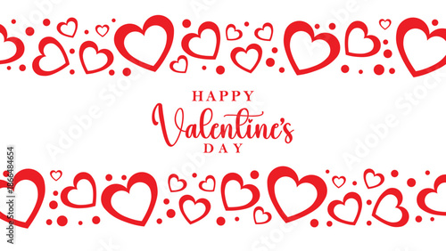 Festive Valentine's Day banner with bold "Happy Valentine's Day" text centered on white background. Surrounded top and bottom by playful clusters of solid red hearts and small red dots.