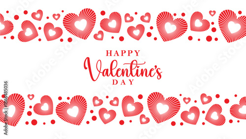Festive Valentine's Day banner with bold "Happy Valentine's Day" text centered on white background. Surrounded top and bottom by playful clusters of solid red hearts and small red dots.