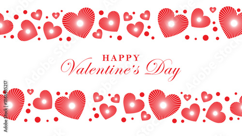 Festive Valentine's Day banner with bold "Happy Valentine's Day" text centered on white background. Surrounded top and bottom by playful clusters of solid red hearts and small red dots.
