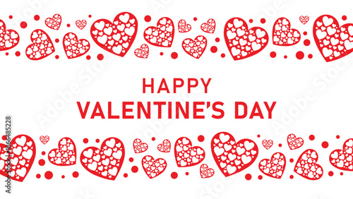 Festive Valentine's Day banner with bold "Happy Valentine's Day" text centered on white background. Surrounded top and bottom by playful clusters of solid red hearts and small red dots.