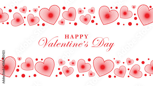 Festive Valentine's Day banner with bold "Happy Valentine's Day" text centered on white background. Surrounded top and bottom by playful clusters of solid red hearts and small red dots.