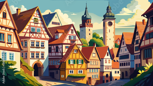 Very beautiful colorful half-timbered houses in Rothenburg ob der Tauber, Germany, capturing fairy-tale charm, medieval architecture, and one of the most romantic old towns in Europe.