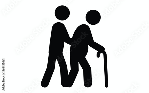 Elderly walking support icon showing caregiver helping senior with walking cane