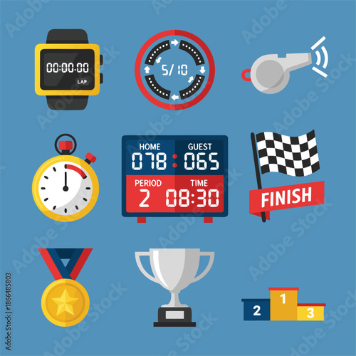 Sports competition equipment and awards icons.