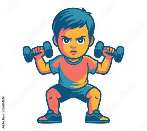 A determined young boy with a serious expression performs squats while holding dumbbells, demonstrating strength and focus in his workout routine, encouraging early fitness habits.