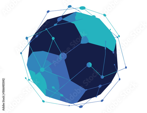 A complex geometric sphere, resembling a polyhedral structure, enveloped by a network of interconnected nodes and lines, symbolizing global connections and data networks in a digital age.