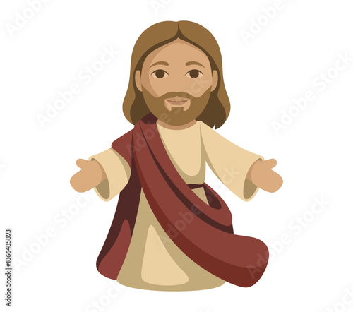 A friendly and inviting cartoon illustration of Jesus Christ with open arms, featuring a gentle smile and a warm, welcoming presence for all, on a simple white background.