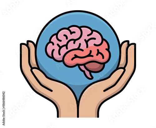 Caring hands gently cup and support a human brain inside a protective blue sphere, symbolizing mental health, care, protection, and psychological well-being for all individuals.