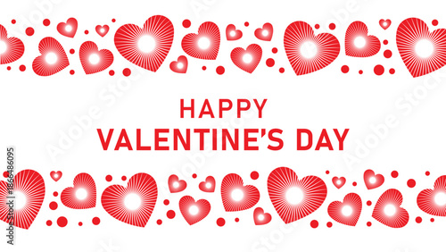 Festive Valentine's Day banner with bold "Happy Valentine's Day" text centered on white background. Surrounded top and bottom by playful clusters of solid red hearts and small red dots.
