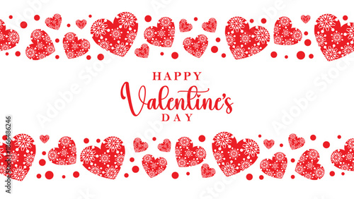 Festive Valentine's Day banner with bold "Happy Valentine's Day" text centered on white background. Surrounded top and bottom by playful clusters of solid red hearts and small red dots.