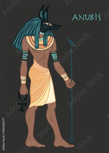 Portrait of Anubis. in Ancient Egyptian, god of death, mummification, embalming, the afterlife, cemeteries, tombs, and the Underworld. Vector isolated illustration. A man with the head of a jackal or