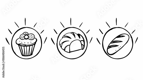 Hand Drawn Bakery Icons Of Croissant And Cupcake