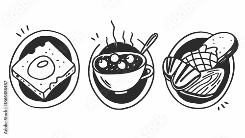 Hand drawn breakfast icons with soup toast and pastry