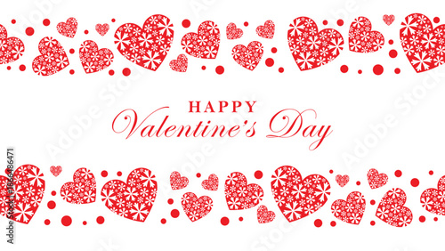 Festive Valentine's Day banner with bold "Happy Valentine's Day" text centered on white background. Surrounded top and bottom by playful clusters of solid red hearts and small red dots.