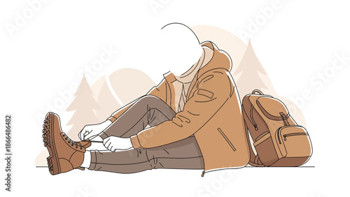 Hiker Taking Break To Tie Shoelaces Getting Ready For Trekking Adventure