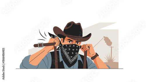 Intense Cowboy Bandit Preparing For Ambush In The Desert Landscape Scenario
