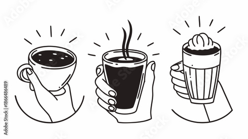 Hand drawn coffee cups and drinks on transparent background