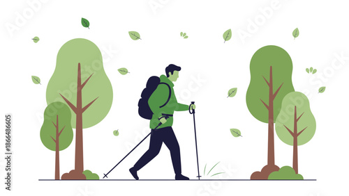 Hiking Adventure In The Forest Exploring Nature With Backpack And Trekking Poles