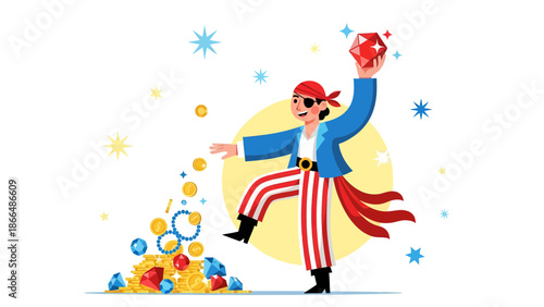 Jolly Pirate Celebrating Finding Treasure With Sparkling Gems And Golden Coins