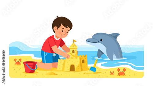 Joyful Boy Builds A Sandcastle With Dolphin Companion By Ocean Beach