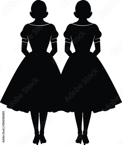 Black silhouette of identical twin women wearing vintage fifties style dresses standing together for fashion, retro beauty, and sisterhood design.
