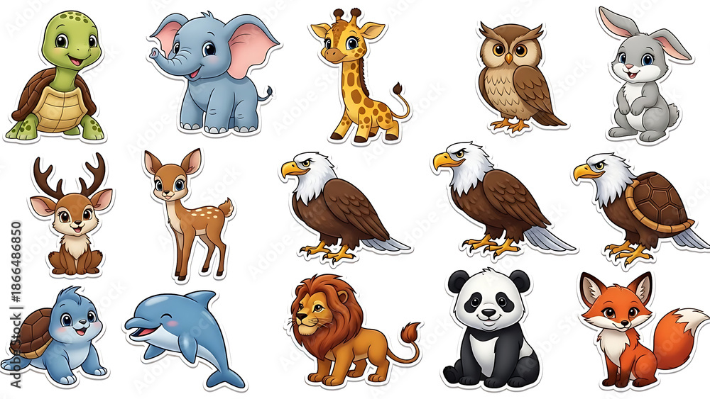 Fototapeta premium Cute cartoon baby animals vector illustration set featuring diverse wildlife characters designed for childrens books apps and educational content