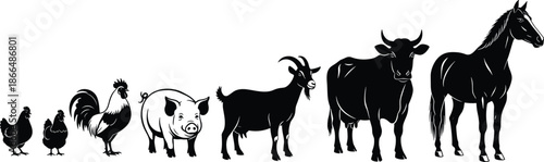 Collection of farm animal silhouettes featuring horse, cow, goat, pig, rooster, and chicken icons for agricultural business and livestock farming design.