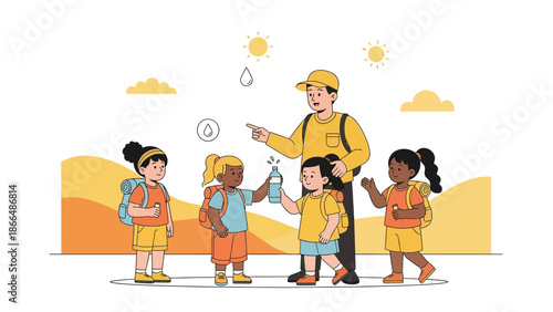 Hydration Break For Young Hikers During Outdoors Adventure Trip Supervision