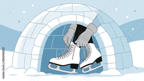 Igloo Scene Featuring Ice Skater Tying Laces On A Cold Winter Day