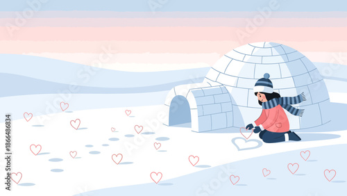 Igloo In The Arctic Girl Drawing Hearts On The Snow Romantic Winter Time