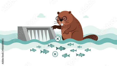 Illustrated Beaver Engineer Damming River with Fish Migration Crossing Sign