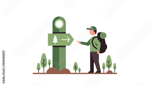 Illustrated Hiker Consults Trail Marker For Outdoor Adventure Direction Vector