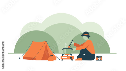 Illustrated Camping Adventure With Mountain View For Relaxing Outdoor Experience