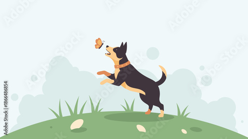 Joyful Dog Pursuing A Butterfly On A Hillside Vector Illustration